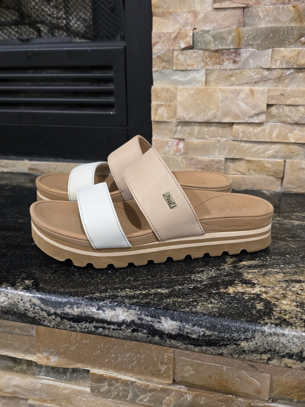 Reef Two-Band Slide Sandal in Beige and White